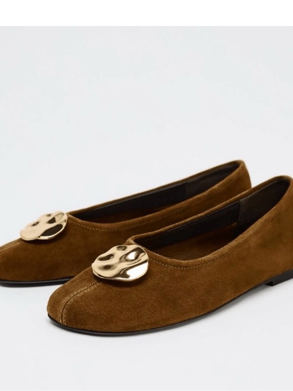 Zara Brown Suede Ballet Flats with Gold Medallion